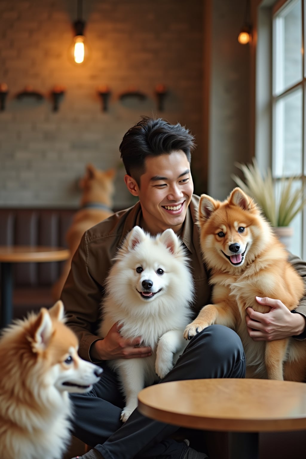 man in a Dog Cafe with many cute Samoyed and Golden Retriever dogs