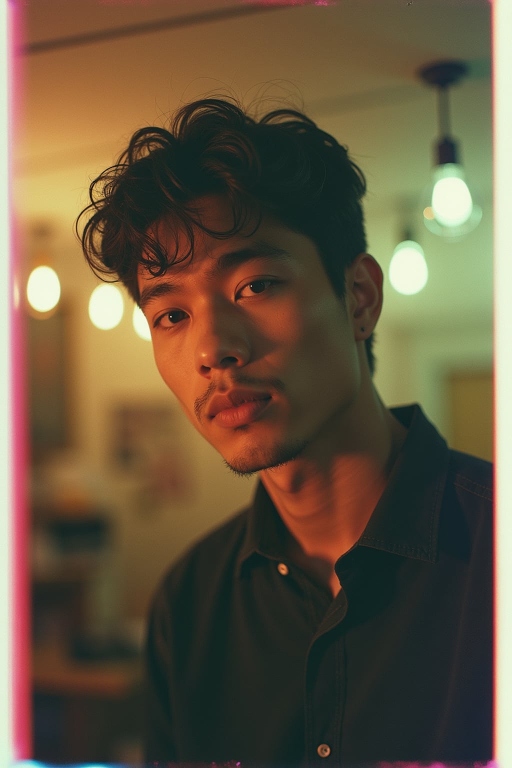 Dreamy polaroid instax photograph of man in the backrooms, many lights in background