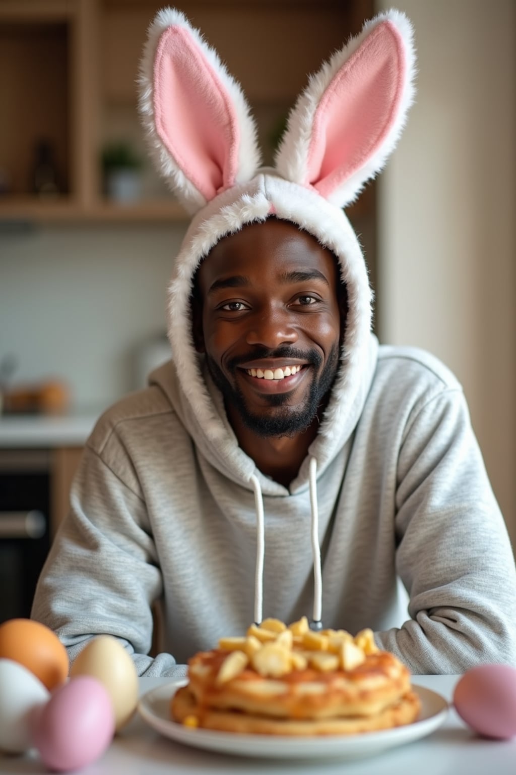 man dressed up for Easter with Easter Bunny Ears at the Easter Breakfast. Easter Eggs. Easter Bunny