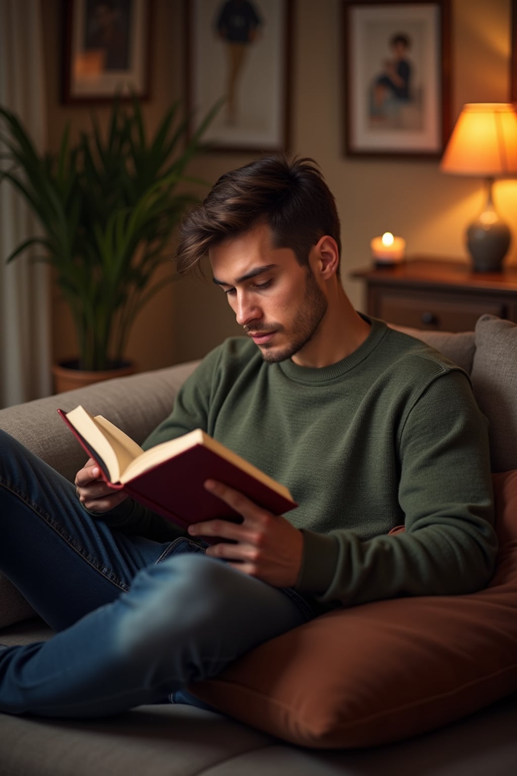 masculine  man reading a book in a cozy home environment
