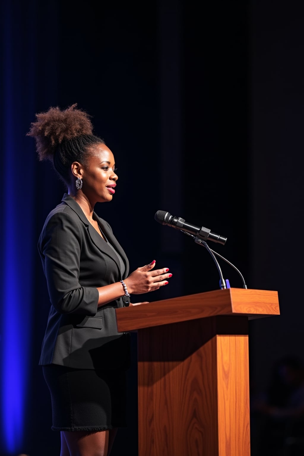 woman as a conference keynote speaker standing on stage at a conference