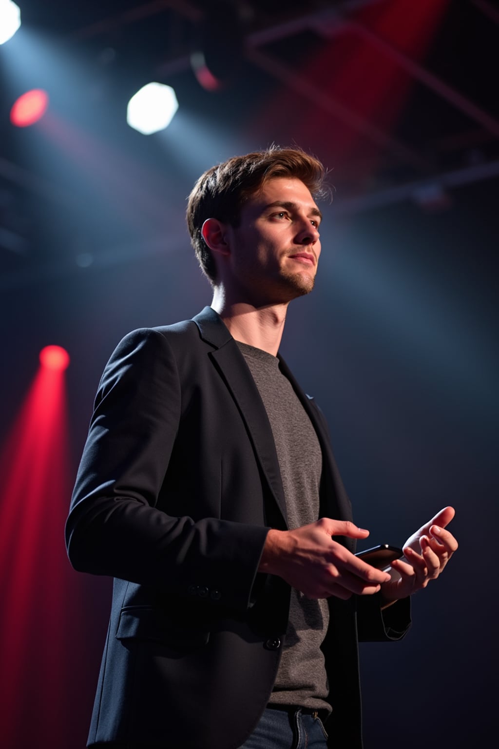 man as a conference keynote speaker standing on stage at a conference