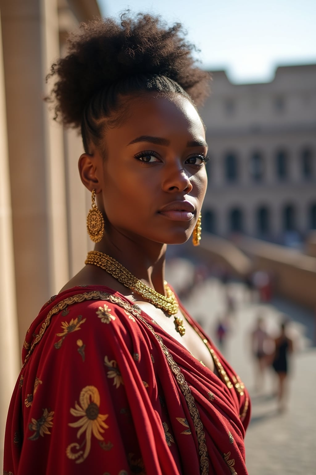 stunning and historical  woman in Rome wearing a traditional Roman stola/toga, Colosseum in the background