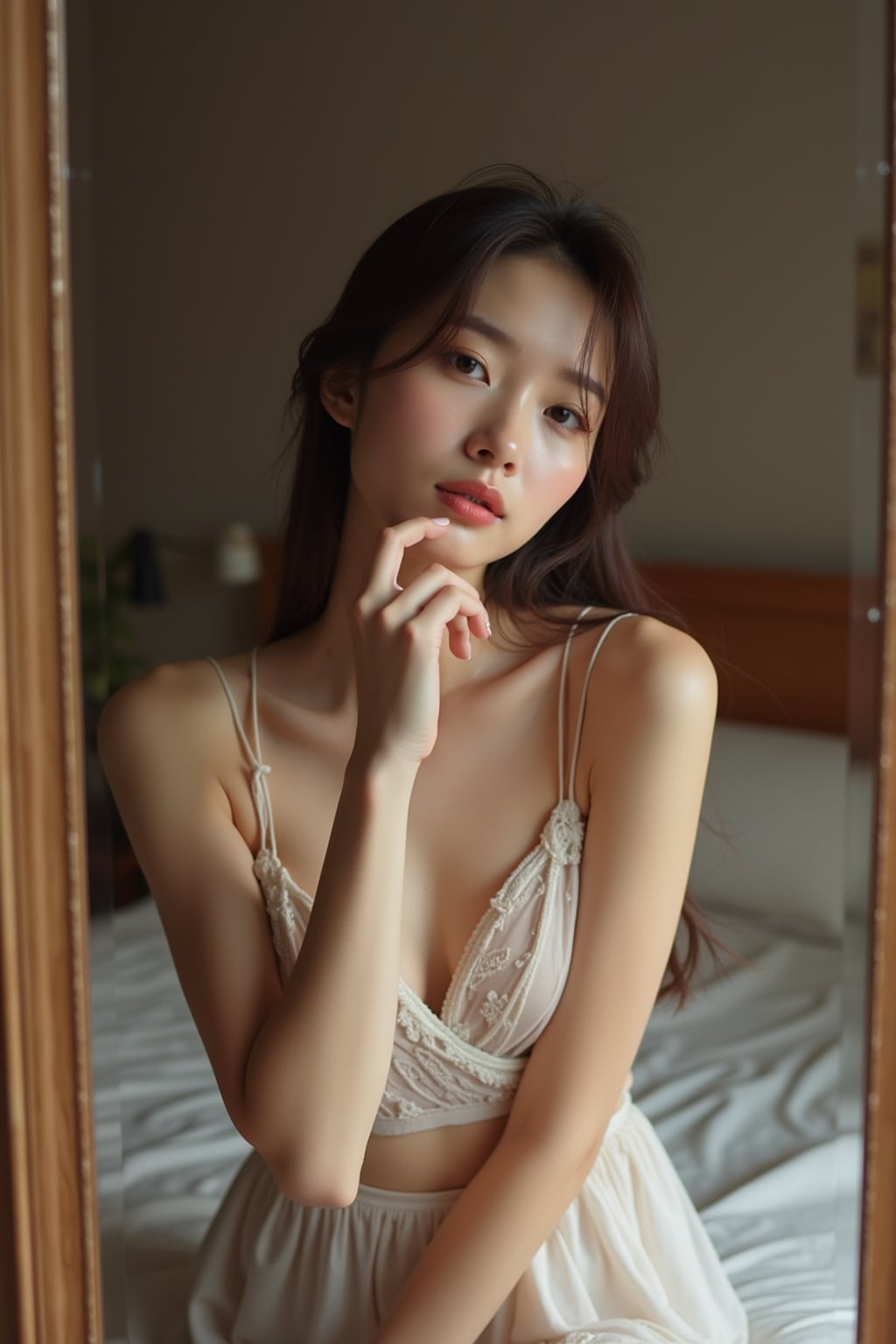 beautiful woman taking a selfie in bedroom mirror