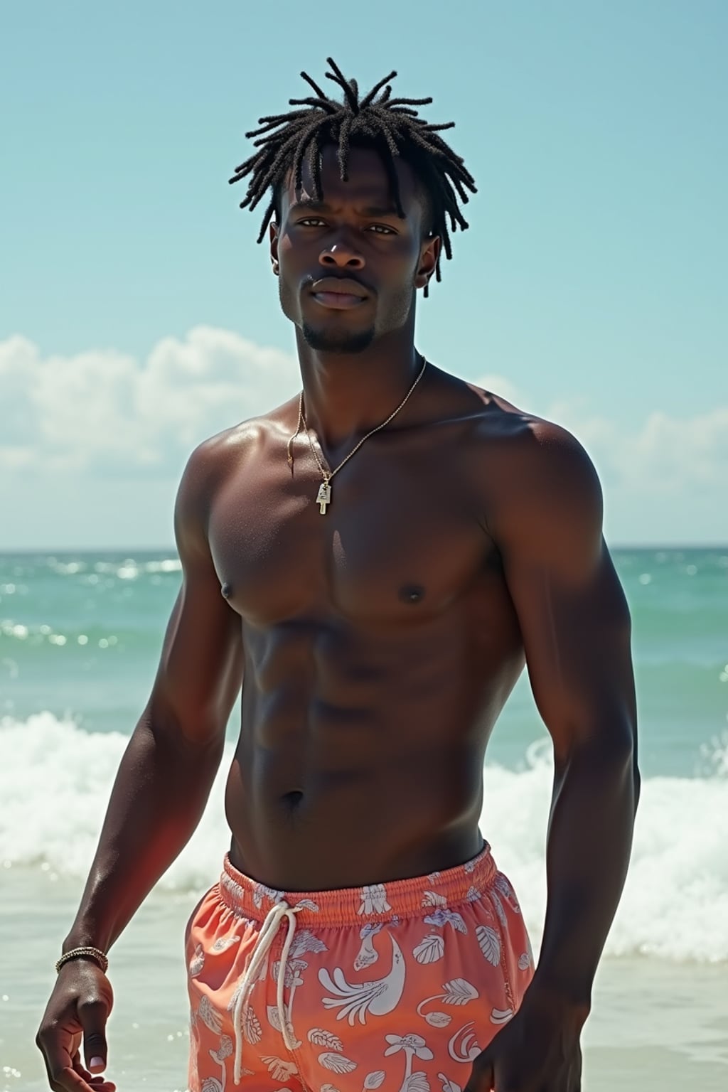 man in  swim shorts} in sea water on the beach, wet hair