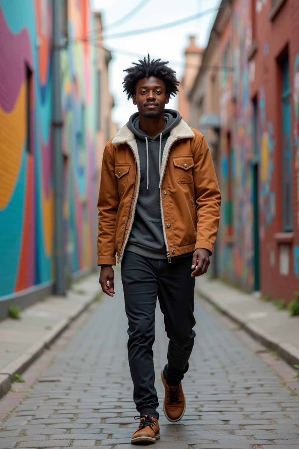 man wearing a trendy outfit, walking down a street lined with colorful murals