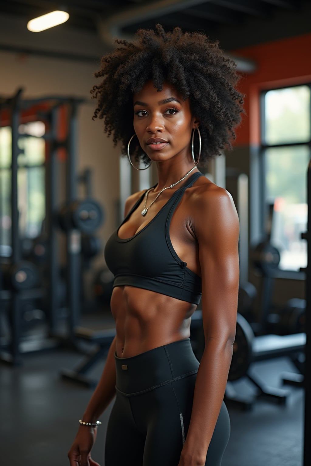 a fit woman as fitness influencer wearing gym outfit in the bodybuilding gym