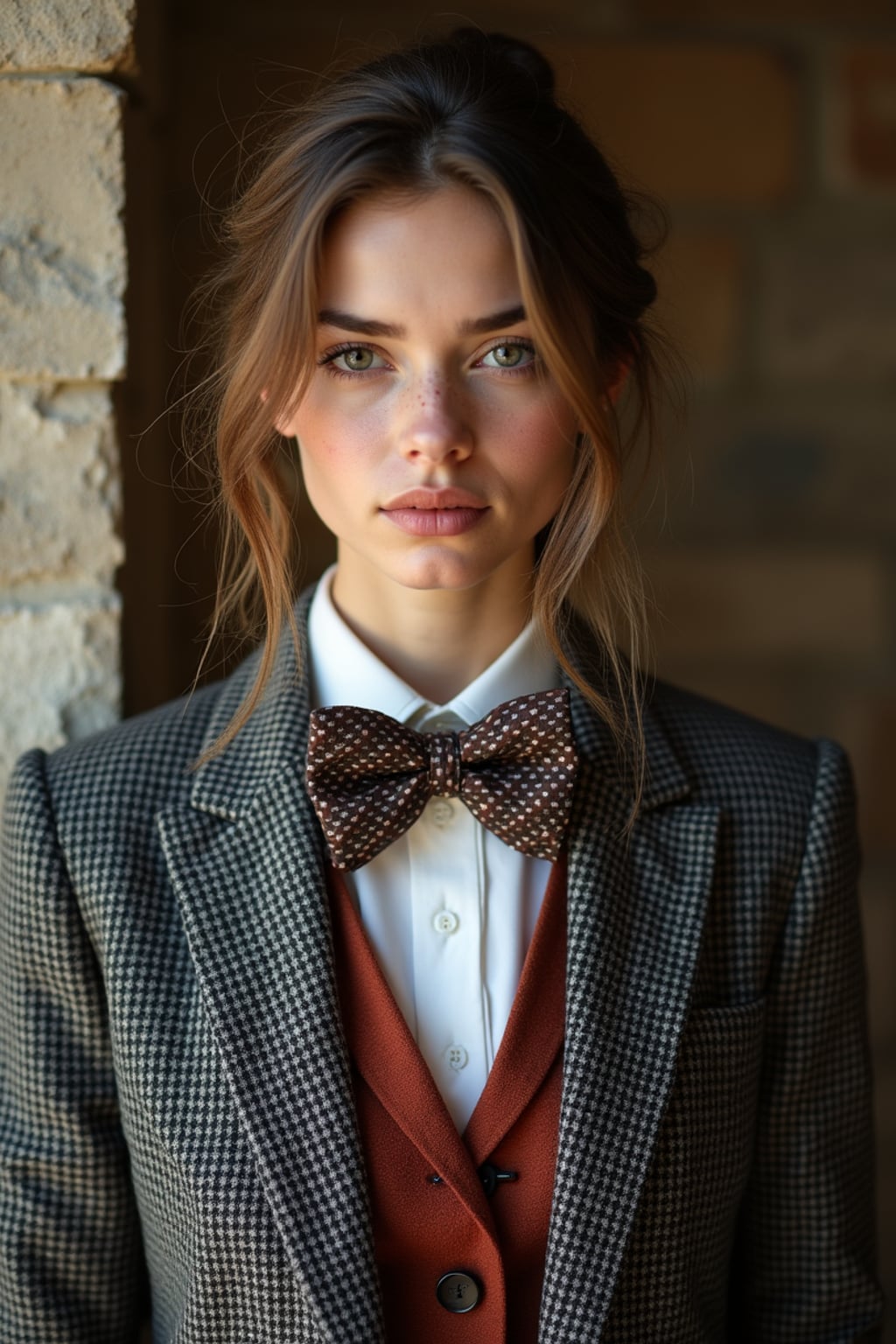 woman wearing a trendy tweed suit with a patterned bow tie and a contrasting vest