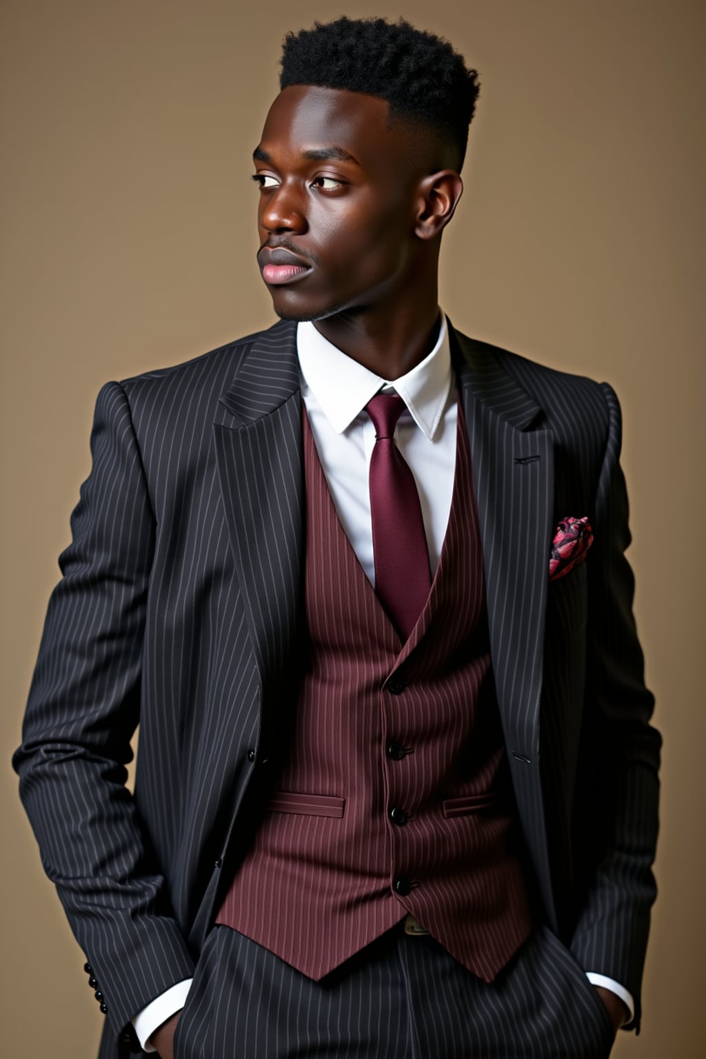 handsome and stylish man trying on a sophisticated pinstripe suit with a waistcoat and a burgundy tie