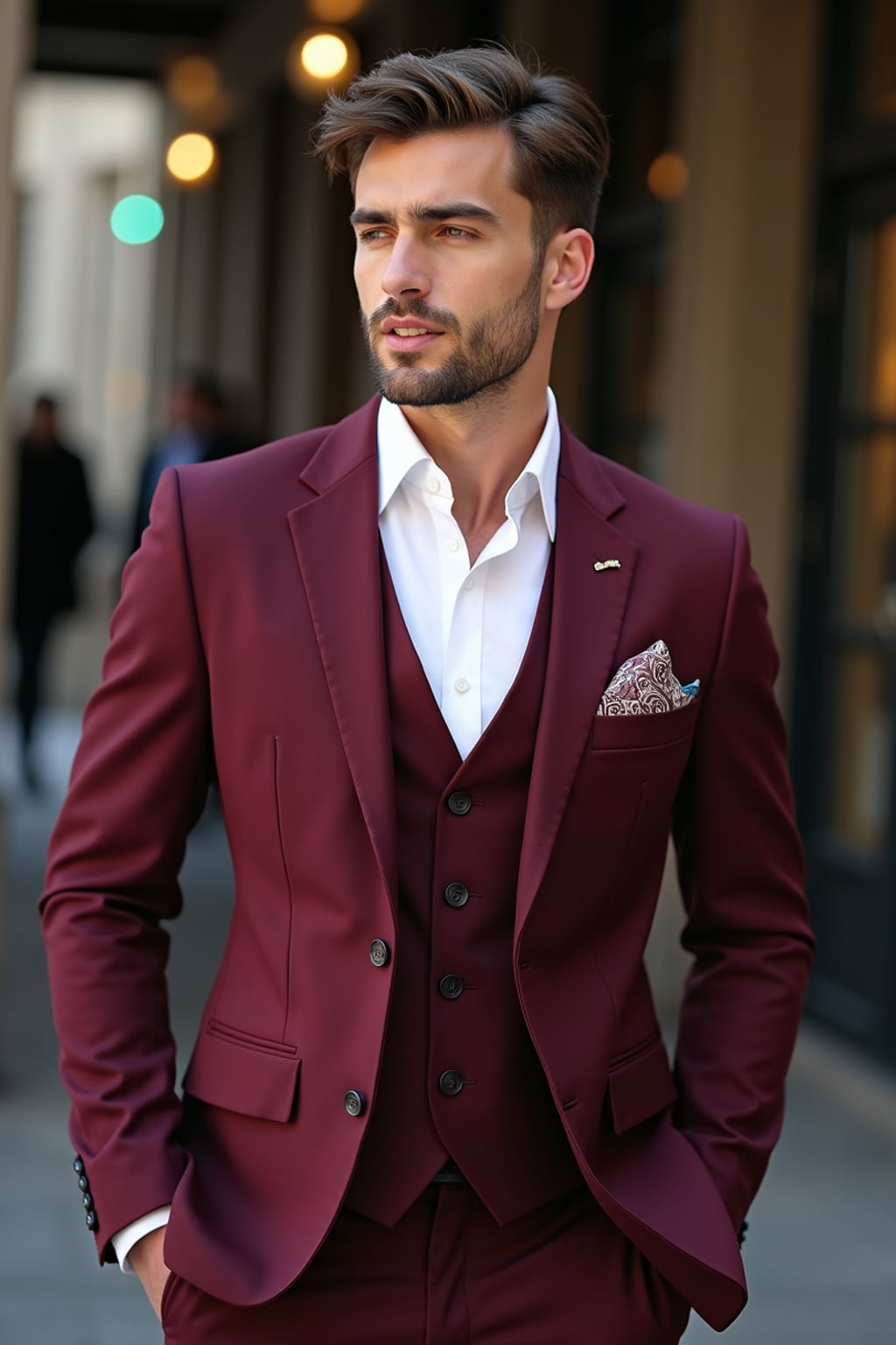 handsome and stylish man trying on a stylish three-piece suit in a rich burgundy color with a crisp white shirt and a paisley patterned pocket square