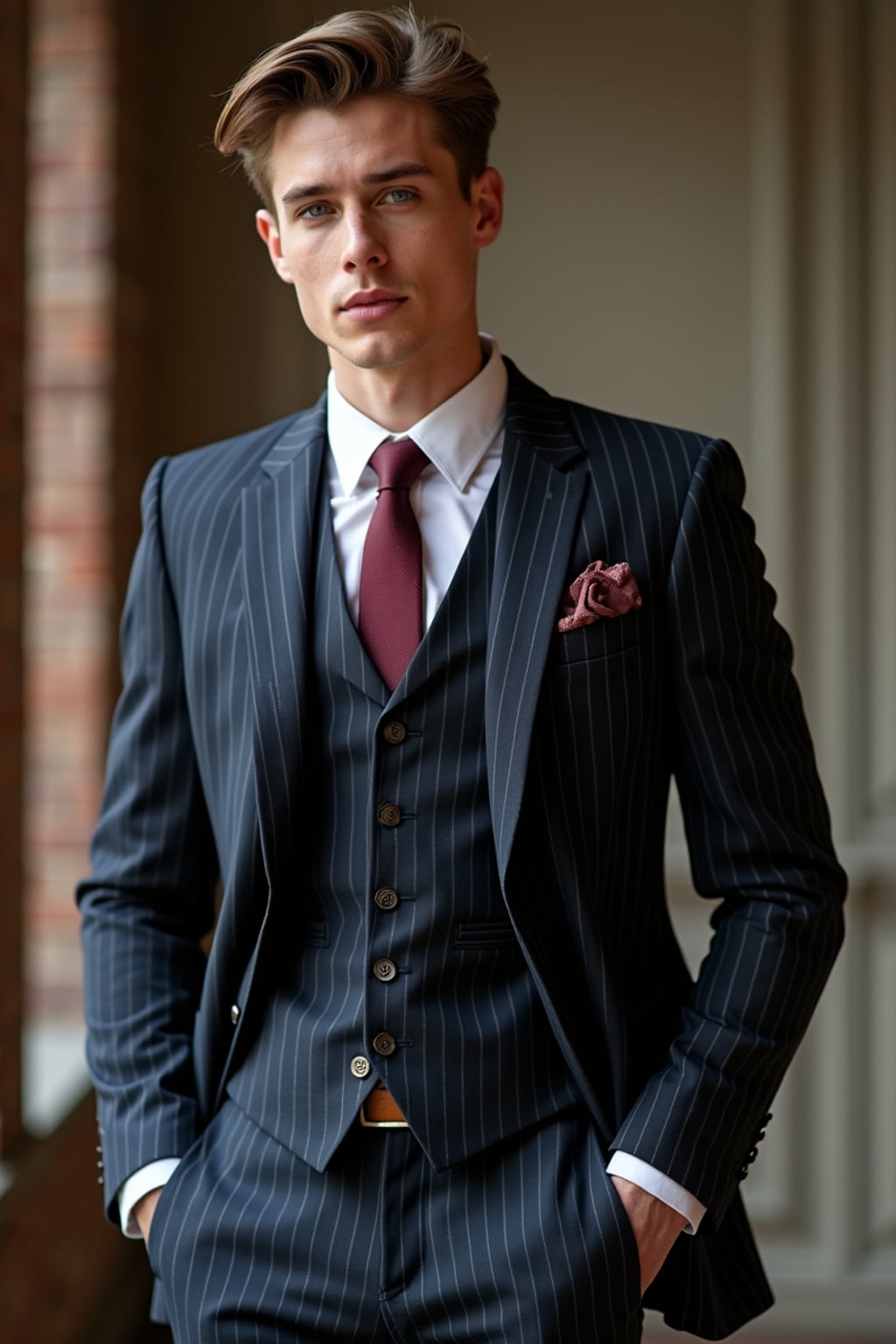 handsome and stylish man trying on a sophisticated pinstripe suit with a waistcoat and a burgundy tie