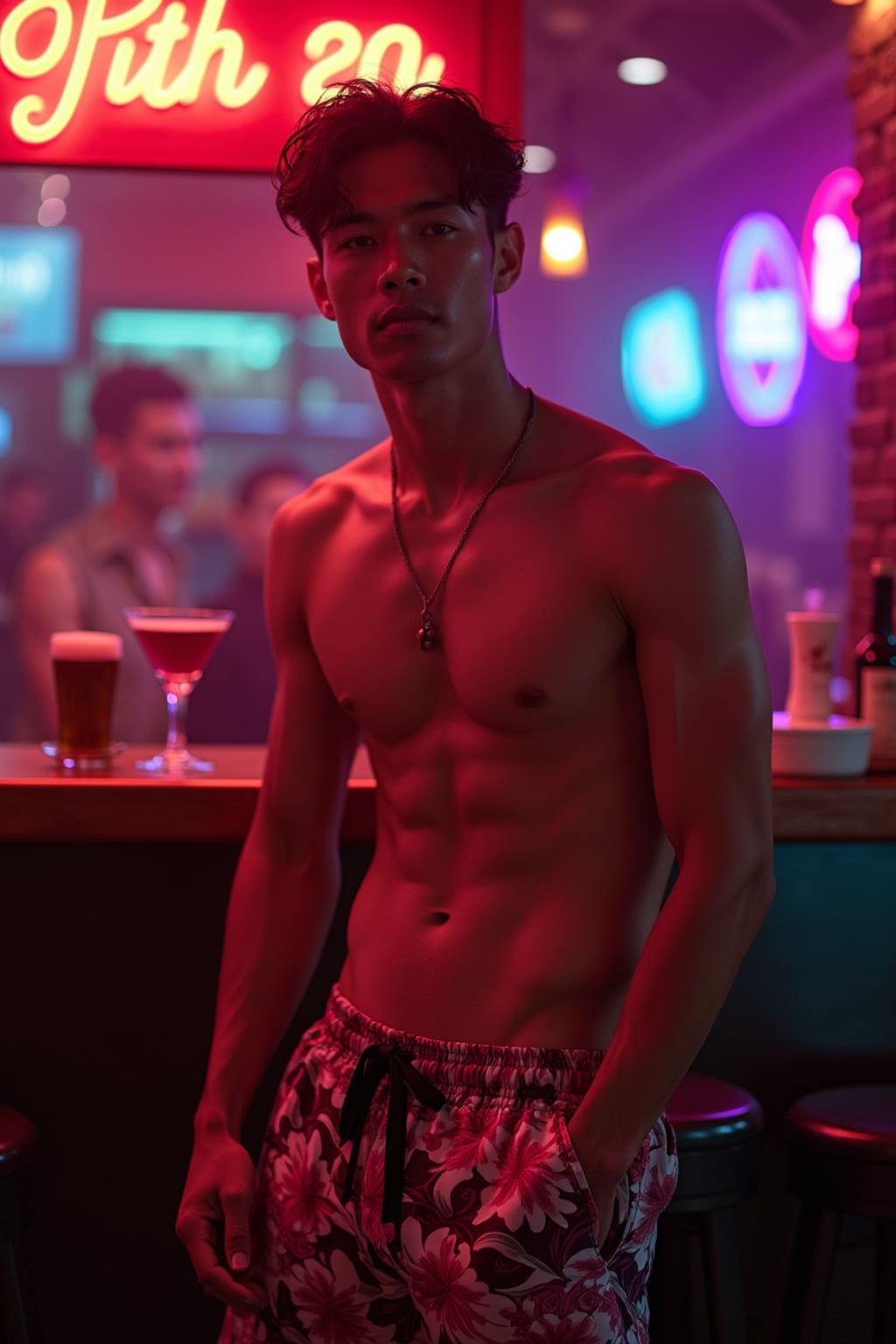 man , fit body in floral silk  swim shorts and shirtless at cocktail bar with neon lights