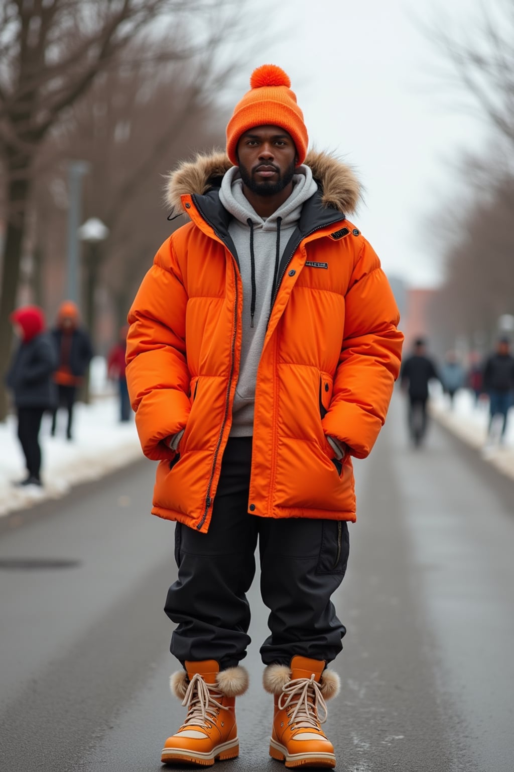 man wearing gorpcore aesthetic, functional outdoor clothing, bright colored puffer jacket, moonboots, beanie, white wool socks, outerwear, posing for photo in the street