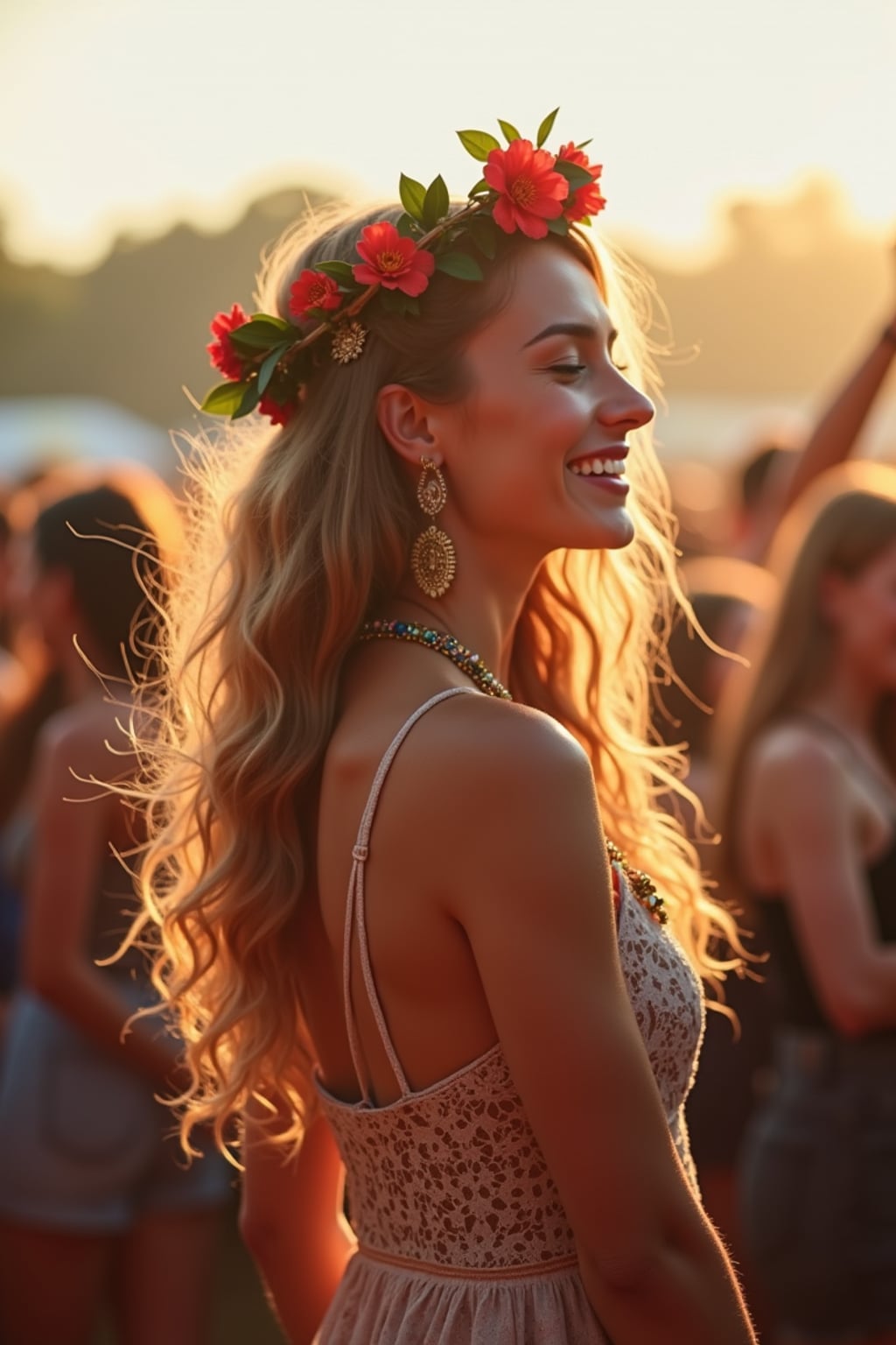 a stunning woman as a festival-goer, dancing and enjoying the music in a vibrant crowd, wearing a boho chic dress and flower crown