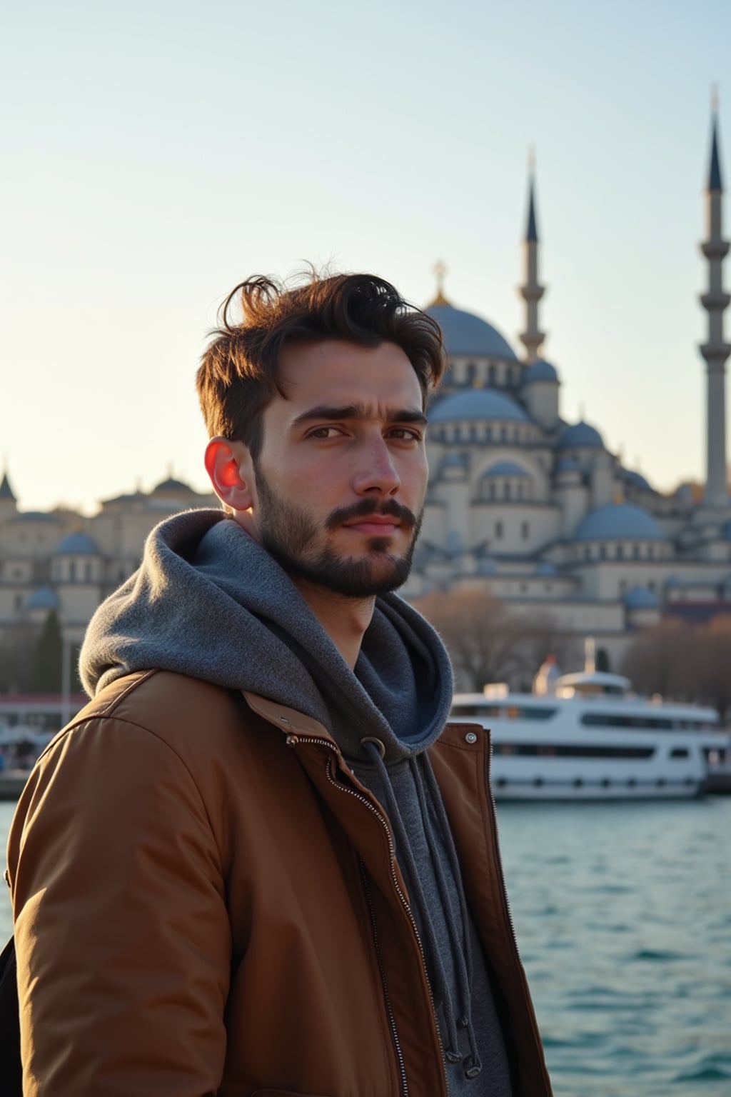 man as digital nomad in Istanbul with The Mosque in background