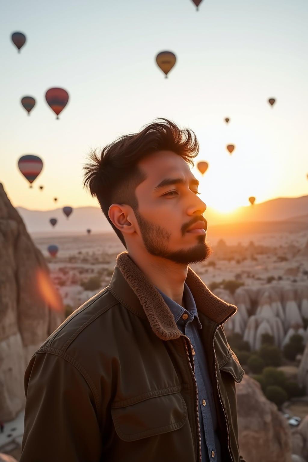 Breathtakingly man as digital nomad with hot air balloons in the background in cappadocia, Türkiye. Cappadocia, Turkey