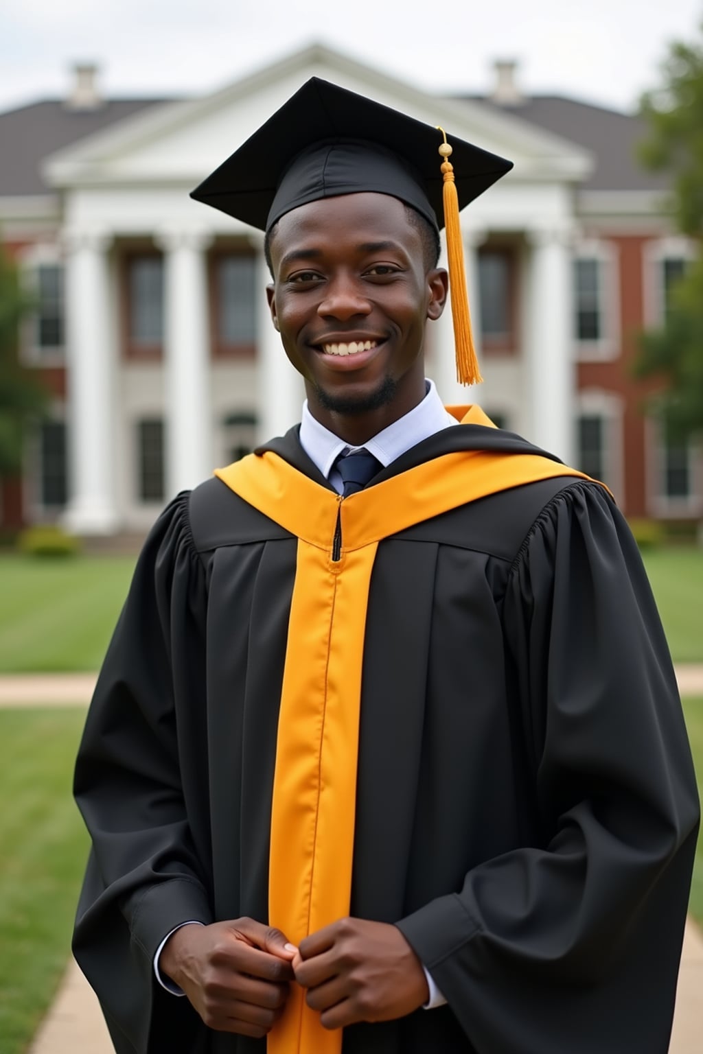 a graduate man in their academic regalia, standing in front of their university building