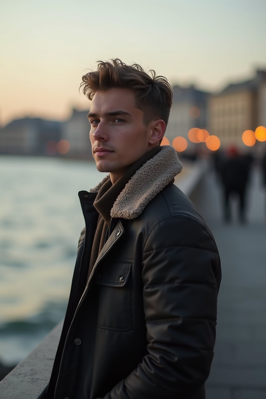 a captivating masculine  man enjoying a peaceful moment by the waterfront