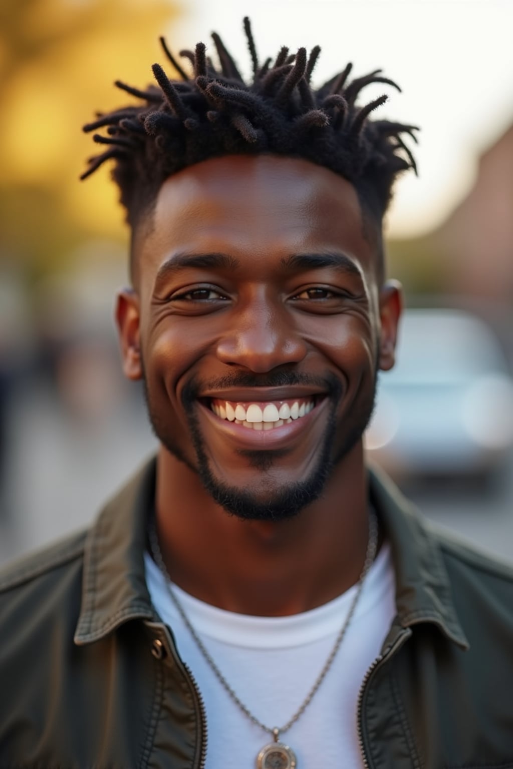 headshot of smiling man wearing casual clothes posing for dating app headshot. outdoor blurry background. the lighting is warm, possibly from a setting sun, creating a soft glow around him, enhancing the casual and relaxed vibe of the image. the setting seems to be outdoors, likely in an urban environment, with the blurred background hinting at a street or park-like area. this image likely portrays a youthful, active, and approachable individual, possibly in a lifestyle or fashion-related context.