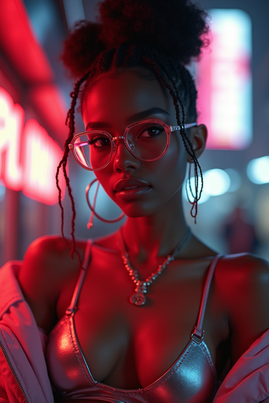 a detailed portrait of intelligent woman actress with thin frame hipster glasses wearing silver bikini and jacket, in a cyberpunk bladerunner vaporwave city, (cyberpunk), city from year 2300, red lights neon, 90s hair bun style,