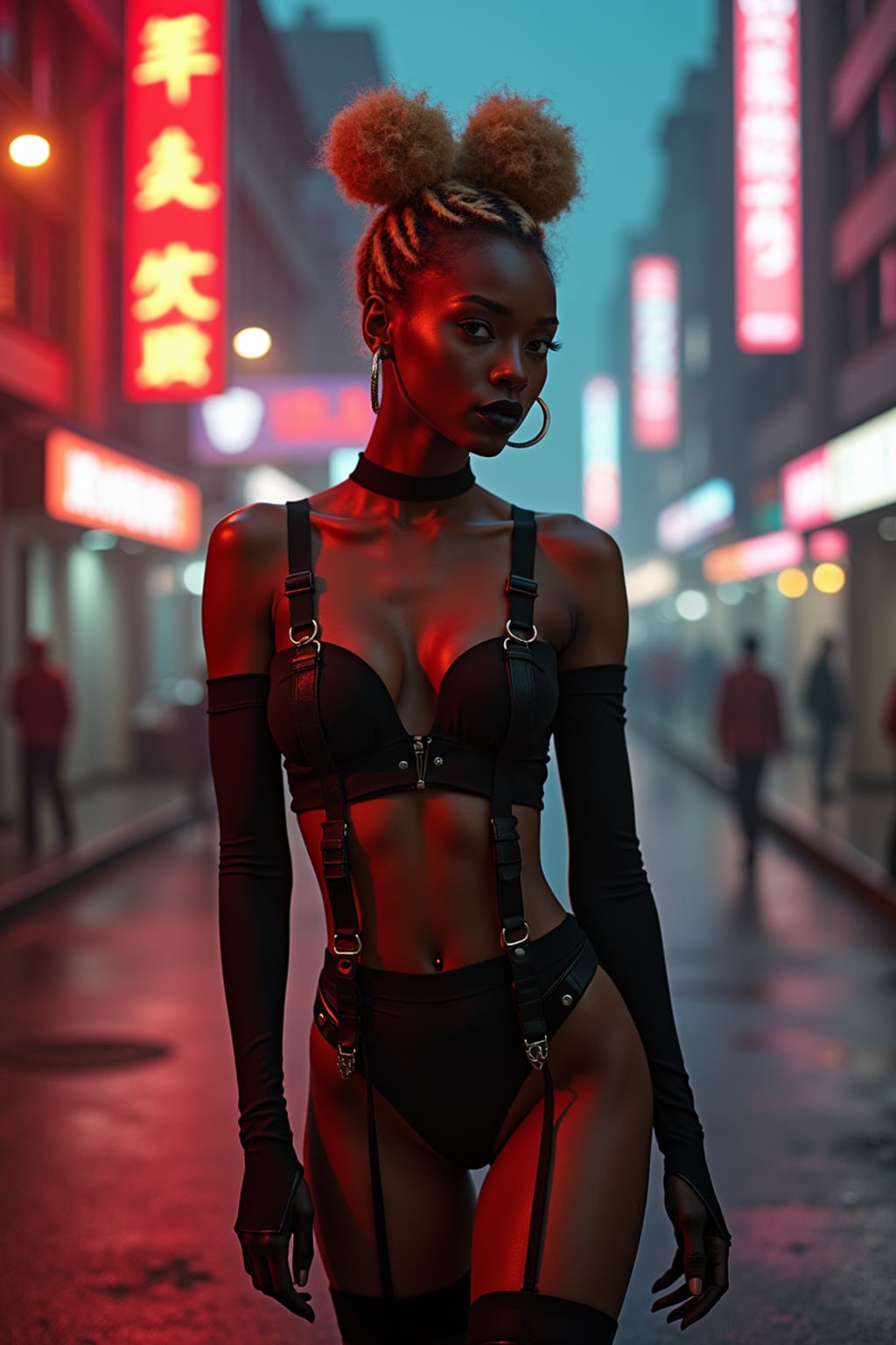a detailed portrait of intelligent woman actress standing in street wearing black stockings garters suspenders black lingerie silk lingerie black, in a cyberpunk bladerunner vaporwave city, (cyberpunk), city from year 2300, red lights neon, blonde double hair bun