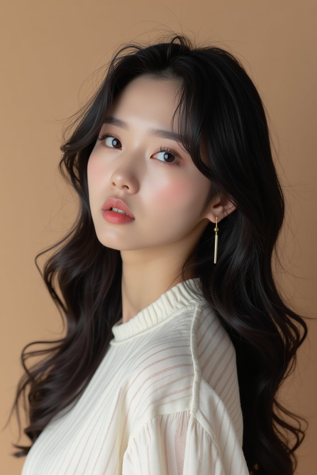 Korean woman (with black hair) (as korean kpop k-pop idol) posing for photo, wearing Korean clothes, Korean fashion, Korean fashion, Korean makeup, (in front of solid background)