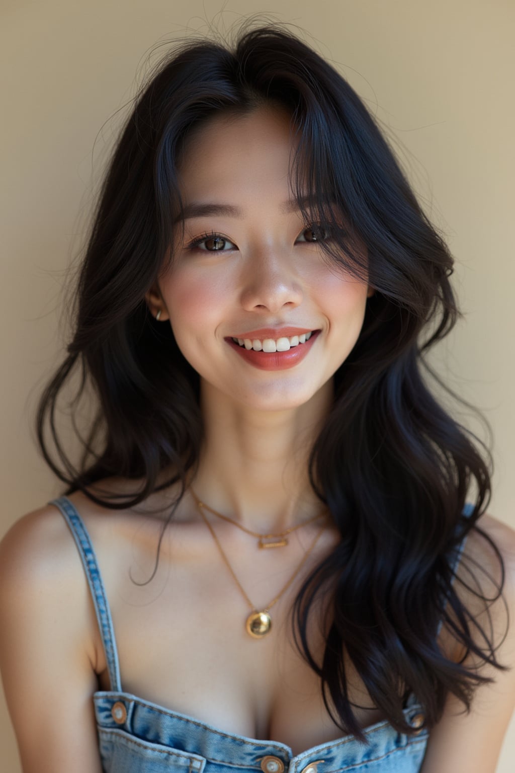 Korean woman (with black hair) (as korean kpop k-pop idol) posing for photo, wearing Korean clothes, Korean fashion, Korean fashion, Korean makeup, (in front of solid background)
