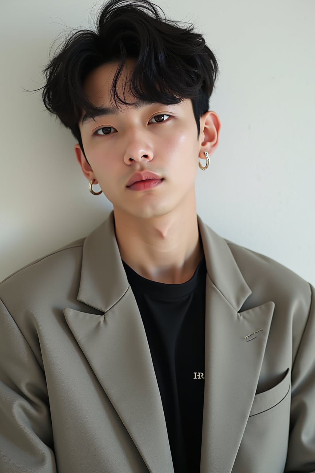 Korean man (with black hair) (as korean kpop k-pop idol) posing for photo, wearing Korean clothes, Korean fashion, Korean fashion, Korean makeup, (in front of solid background)