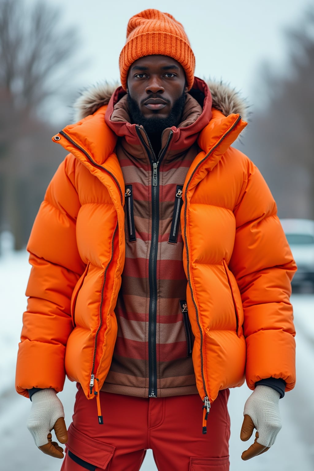 man wearing gorpcore aesthetic, functional outdoor clothing, bright colored puffer jacket, moonboots, beanie, white wool socks, outerwear, posing for photo in the street