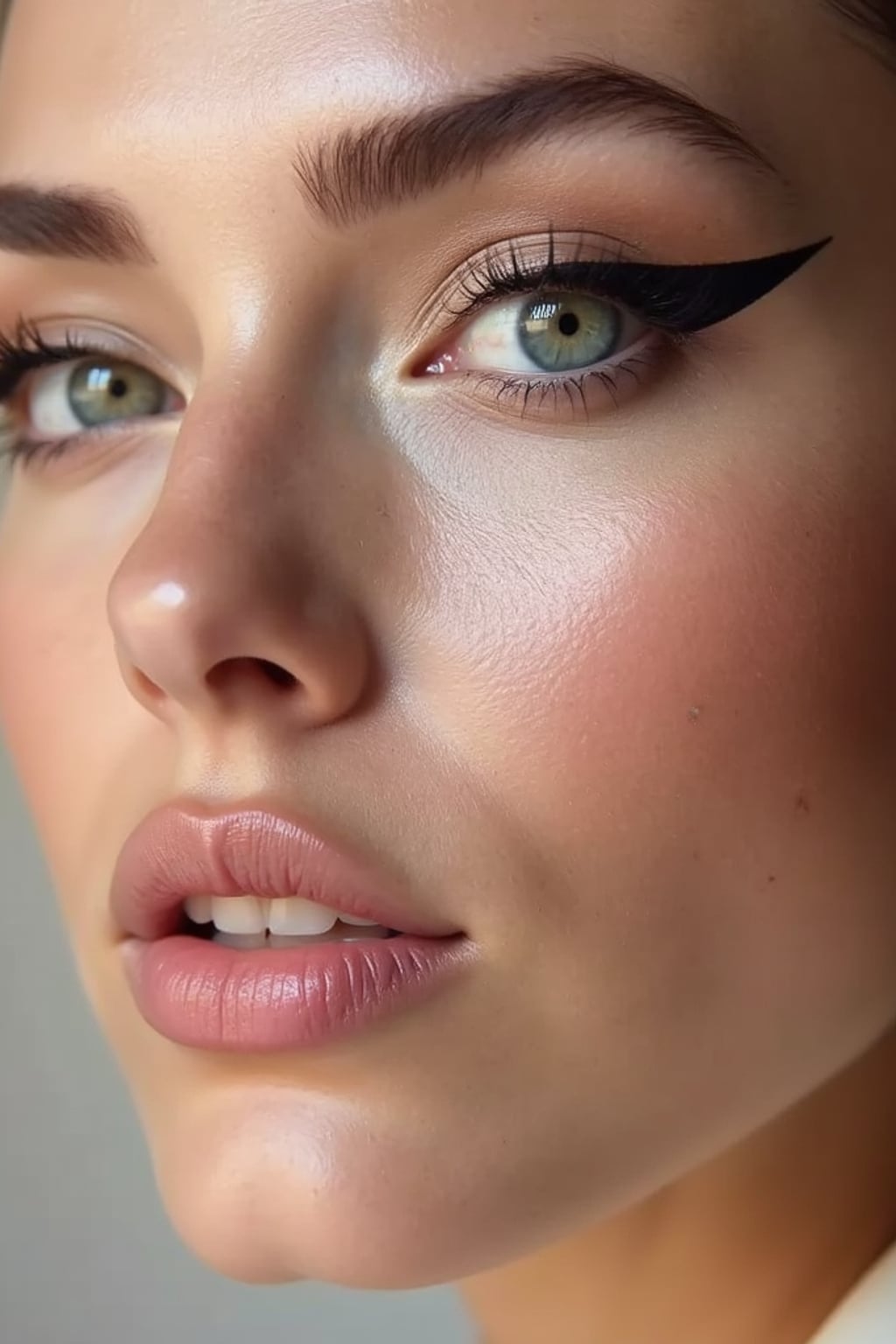 close-up of Model sporting winged eyeliner and matte skin finish. set against a soft, pastel background