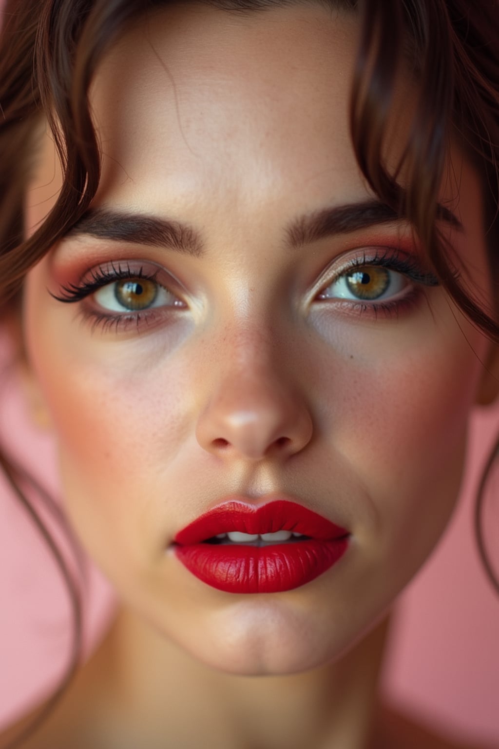 close up of woman with a bold red lipstick and smokey eye makeup. set against a soft, pastel background