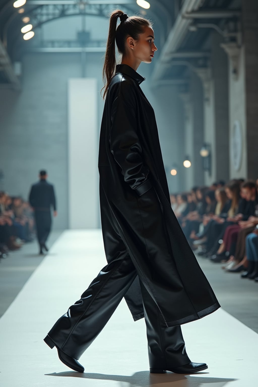 side view of woman walking on a fashion runway in an industrial space, showcasing a futuristic outfit with sharp lines