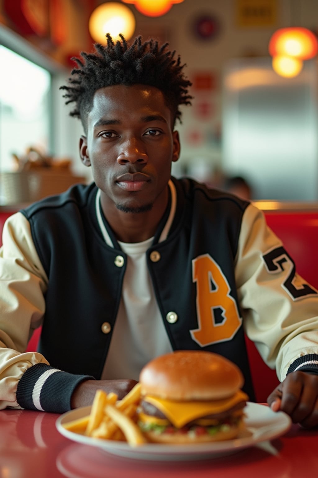 man in retro 1950s diner photo shoot. french fries and one cheeseburger on a plate in front. man wearing varsity bomber