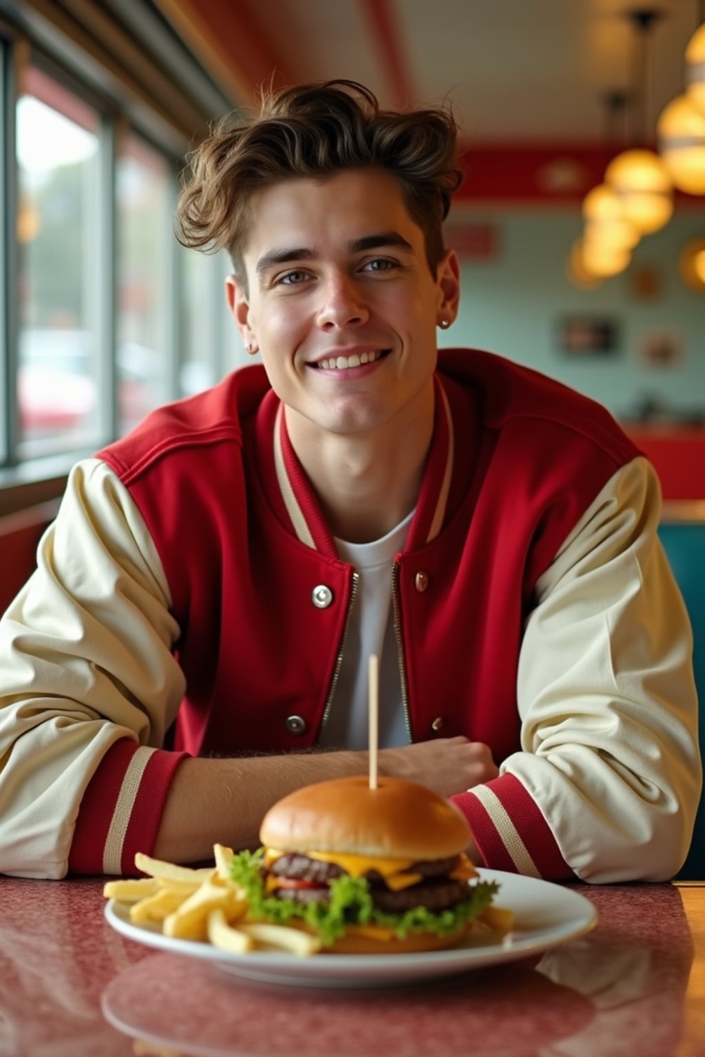 man in retro 1950s diner photo shoot. french fries and one cheeseburger on a plate in front. man wearing varsity bomber