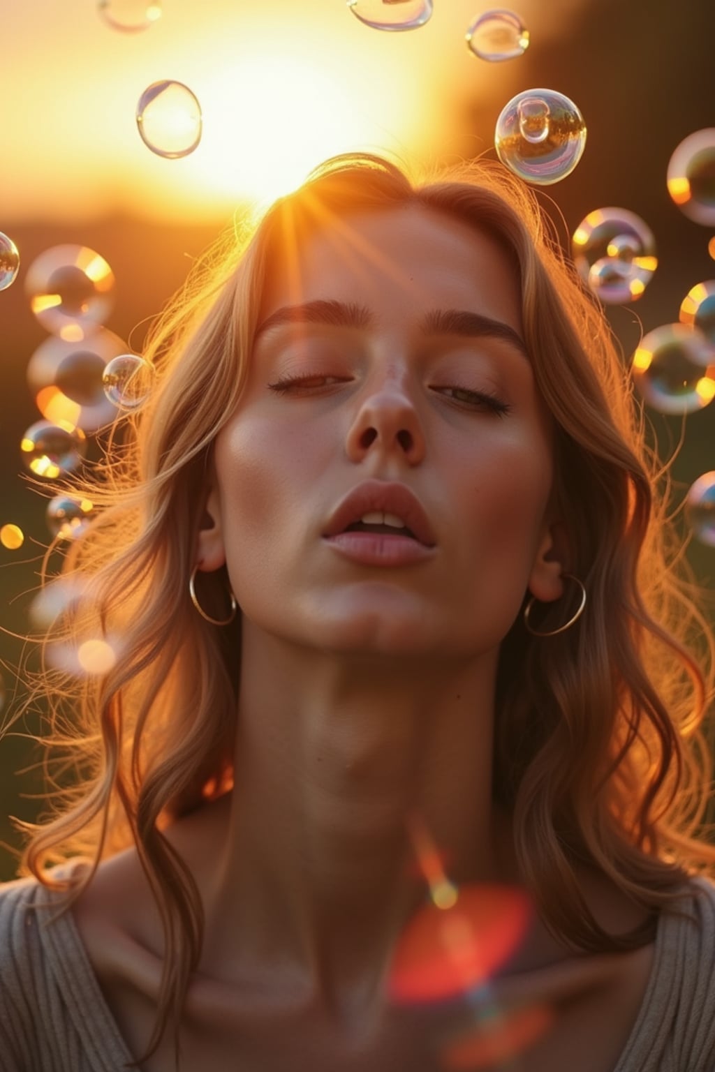 woman blowing bubbles. all around her are floating bubbles. many bubbles floating. the bubbles reflect her face. it is golden hour at sunset.