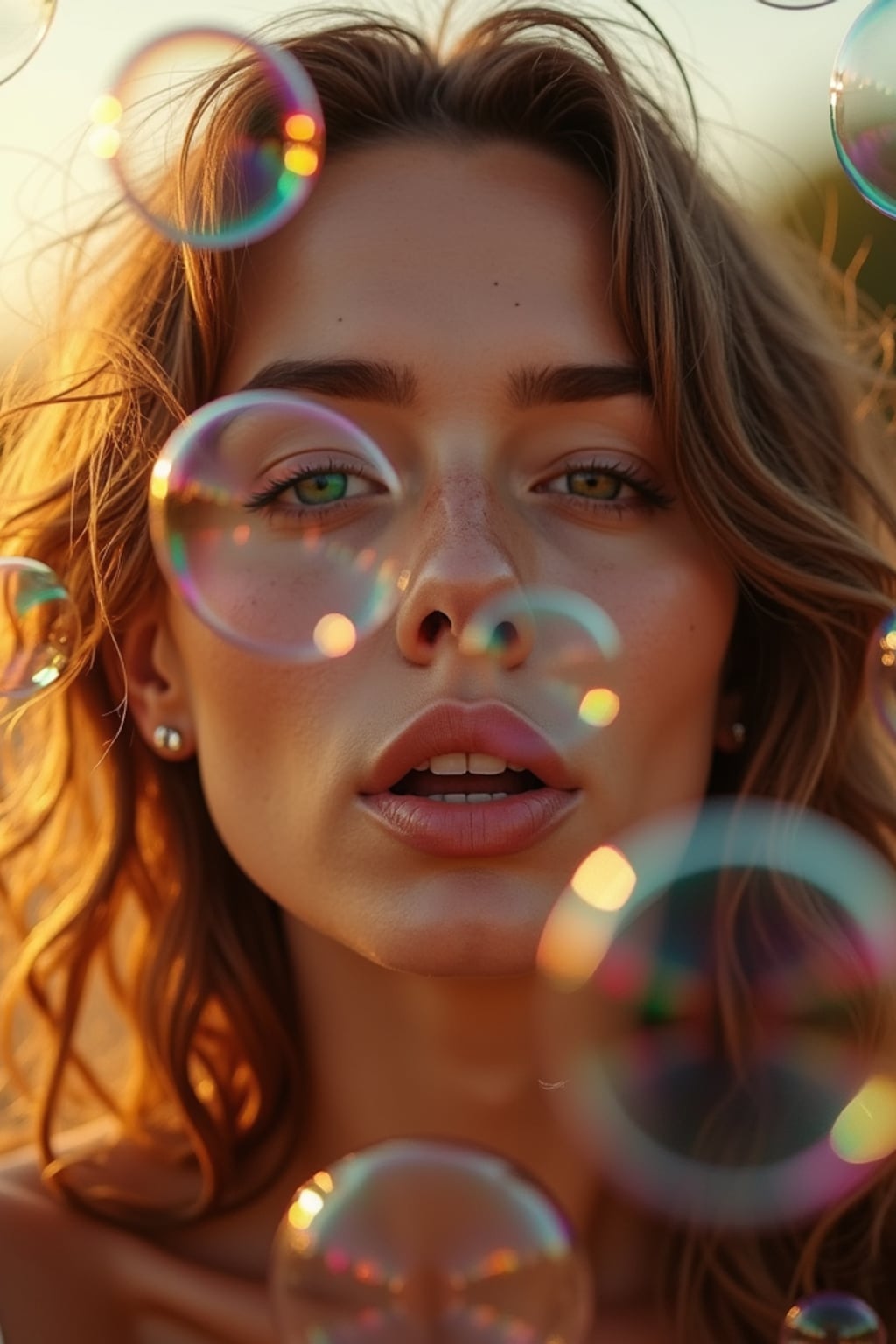 woman blowing bubbles. all around her are floating bubbles. many bubbles floating. the bubbles reflect her face. it is golden hour at sunset.