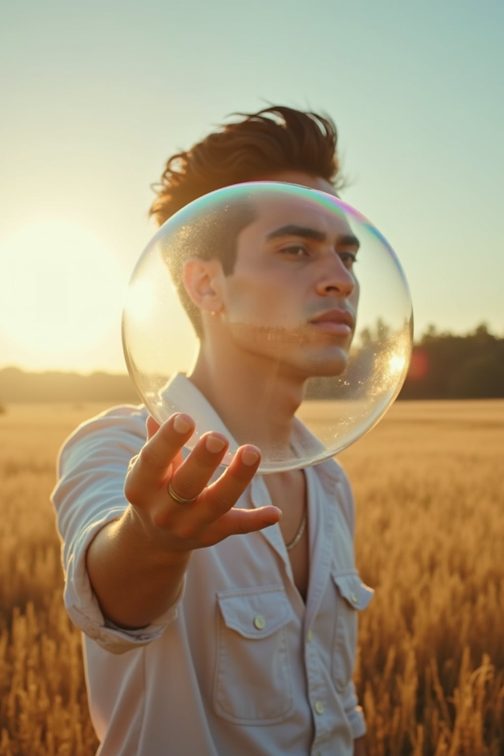 man holding a giant soap bubble in a sunlit field