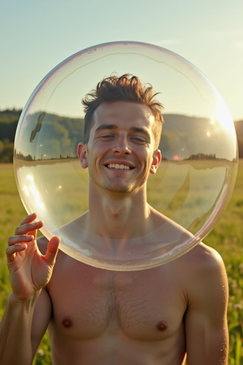 man holding a giant soap bubble in a sunlit field