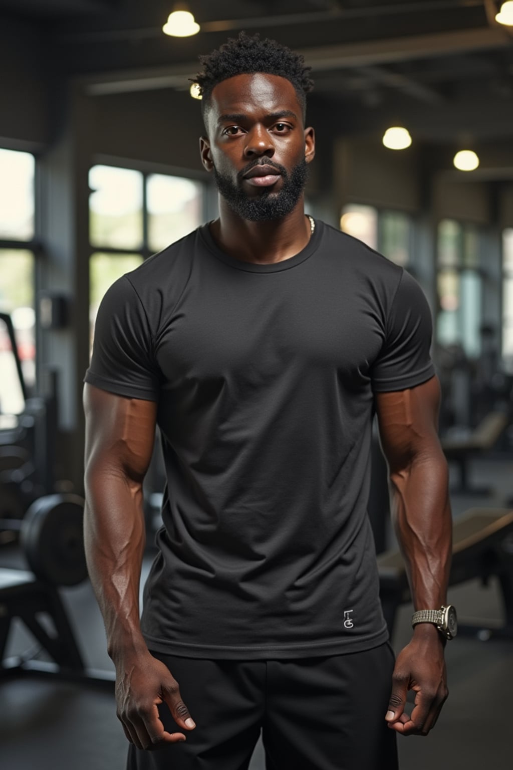masculine  man in the gym wearing t-shirt and gym shorts