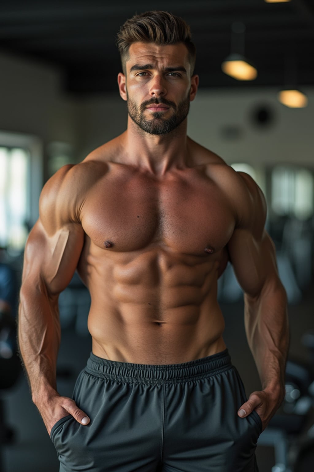 masculine  man in the gym wearing t-shirt and gym shorts