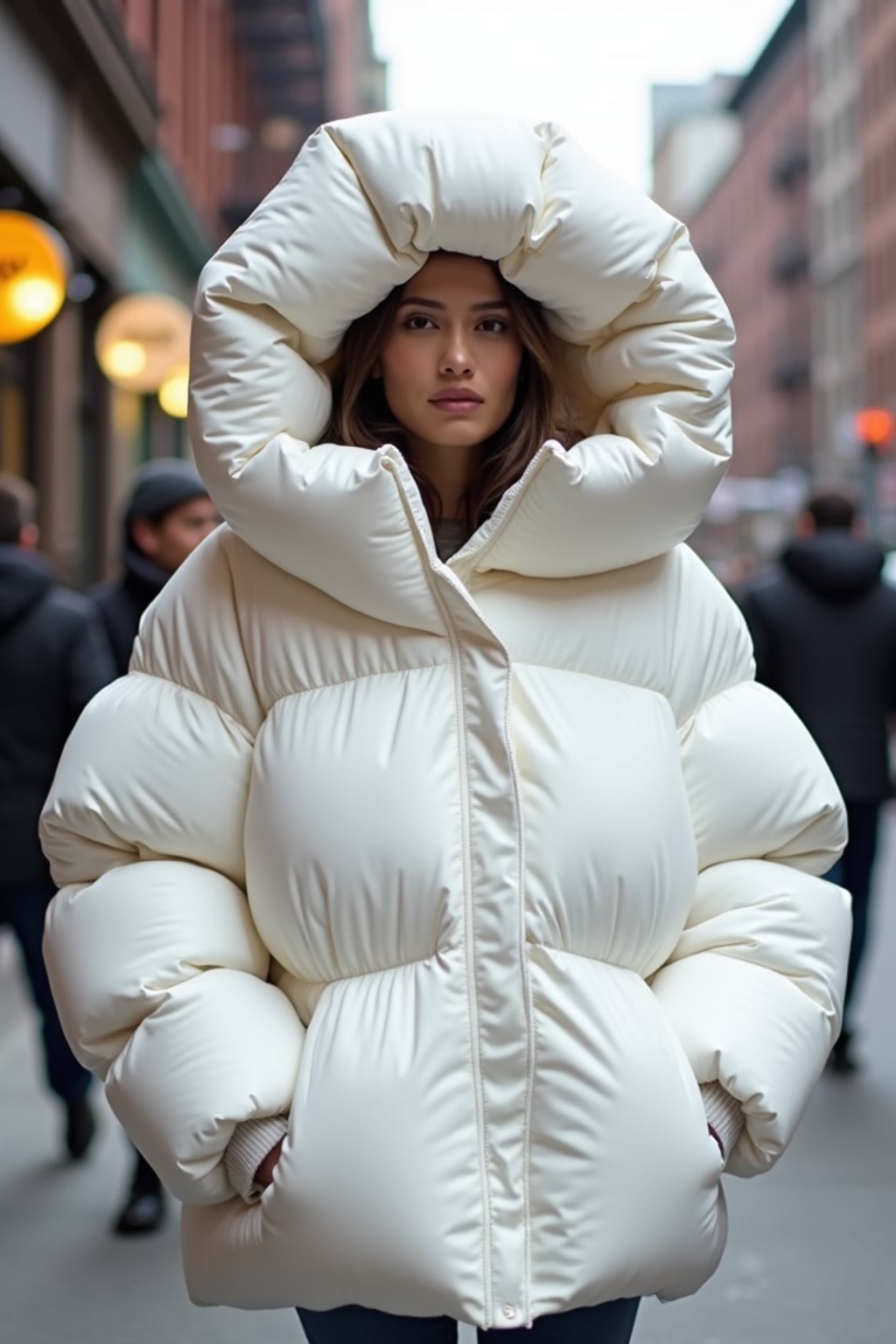 woman in a super big round white puffer closed coat with an exaggerated, voluminous design with oversized hood and thick, many quilted sections that contribute to its inflated appearance. the coat is closed and inflated. outside in New York City street.