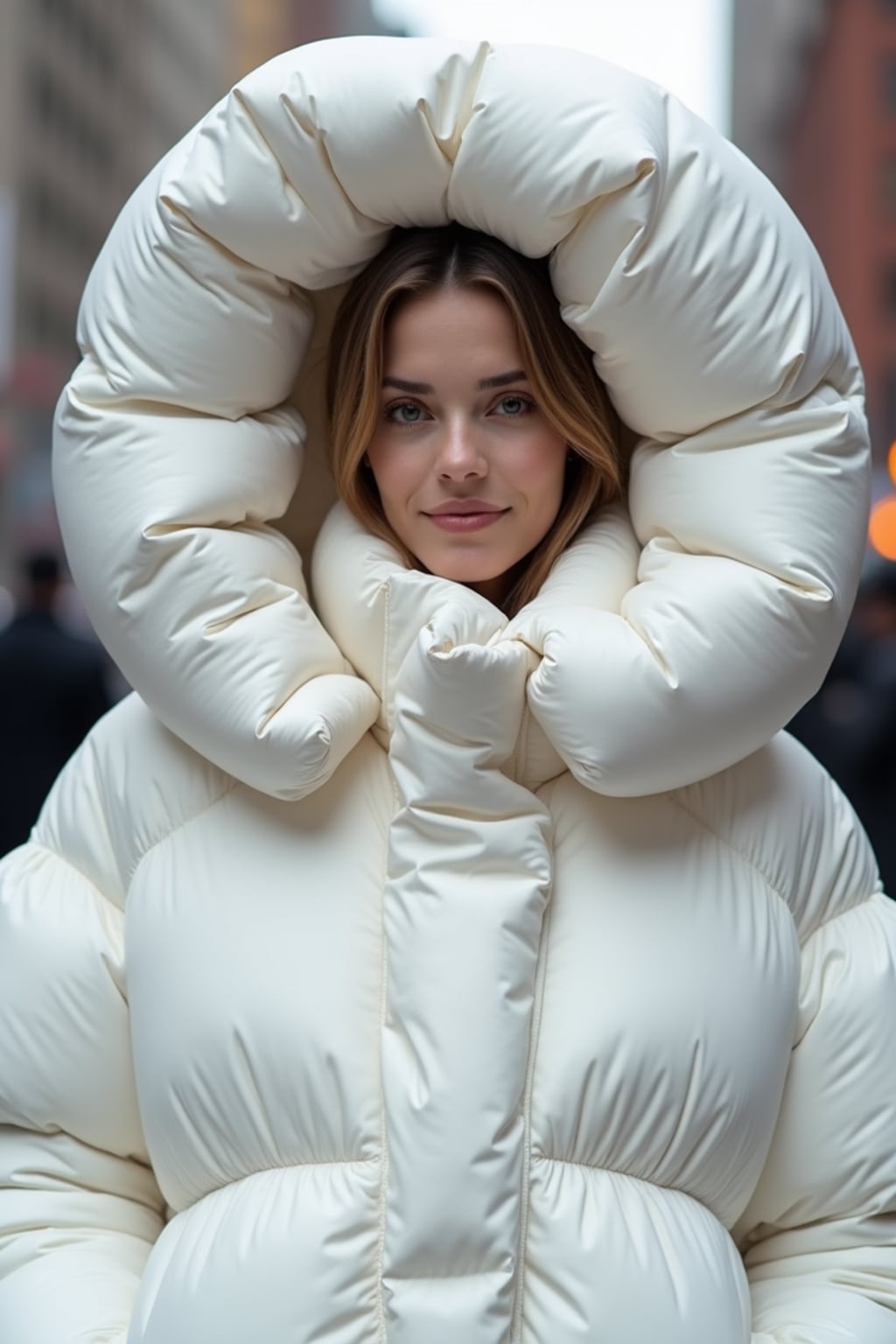 woman in a super big round white puffer closed coat with an exaggerated, voluminous design with oversized hood and thick, many quilted sections that contribute to its inflated appearance. the coat is closed and inflated. outside in New York City street.