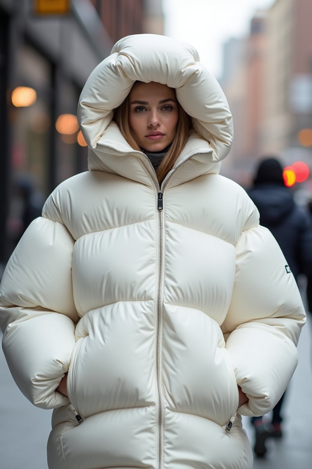 woman in a super big round white puffer closed coat with an exaggerated, voluminous design with oversized hood and thick, many quilted sections that contribute to its inflated appearance. the coat is closed and inflated. outside in New York City street.