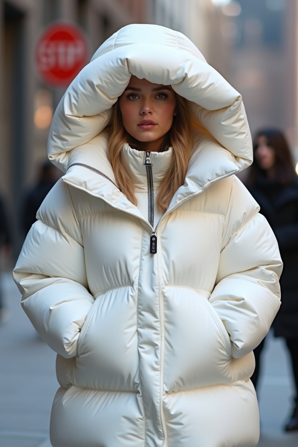 woman in a super big round white puffer closed coat with an exaggerated, voluminous design with oversized hood and thick, many quilted sections that contribute to its inflated appearance. the coat is closed and inflated. outside in New York City street.