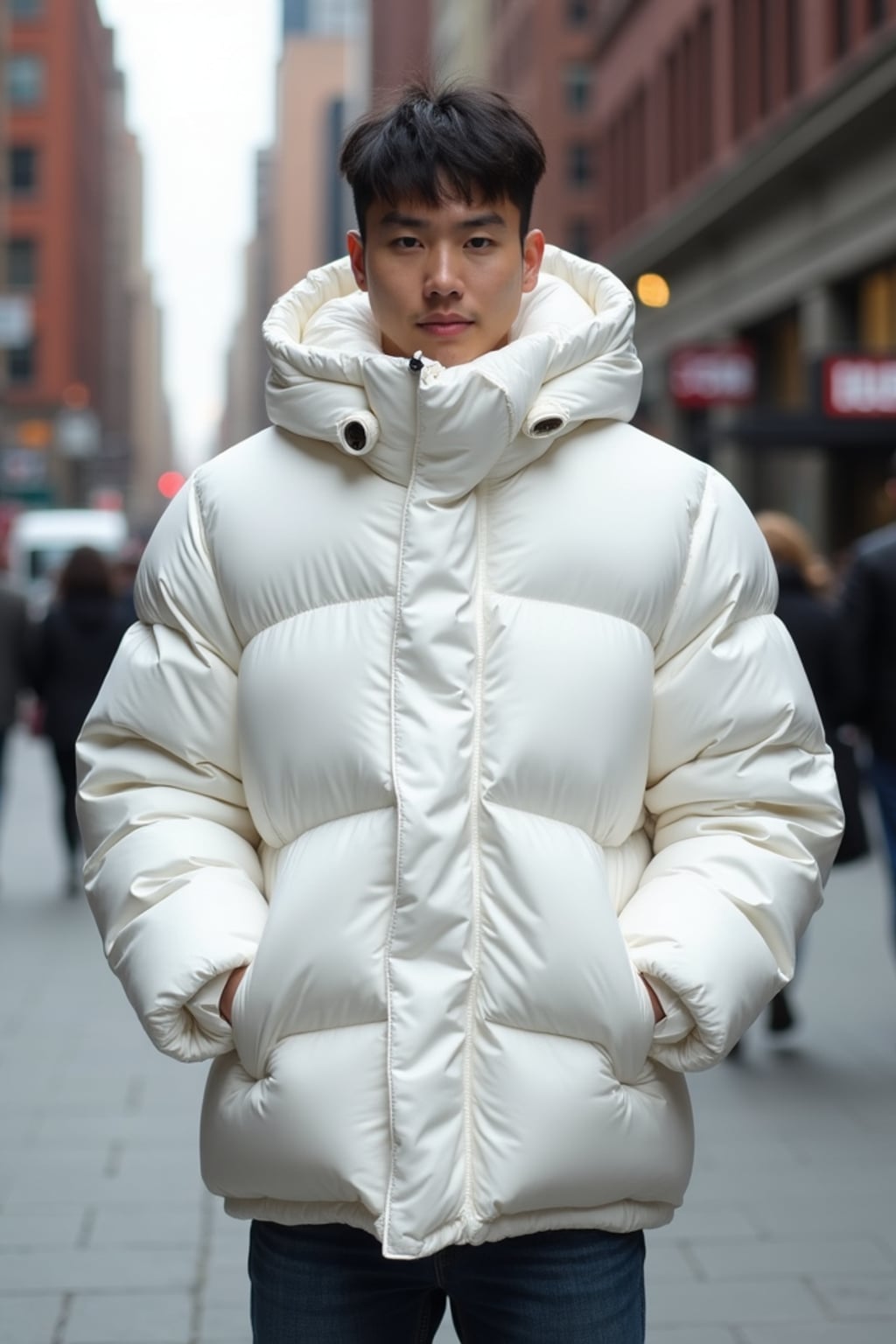 man in a super big round white puffer closed coat with an exaggerated, voluminous design with oversized hood and thick, many quilted sections that contribute to its inflated appearance. the coat is closed and inflated. outside in New York City street.