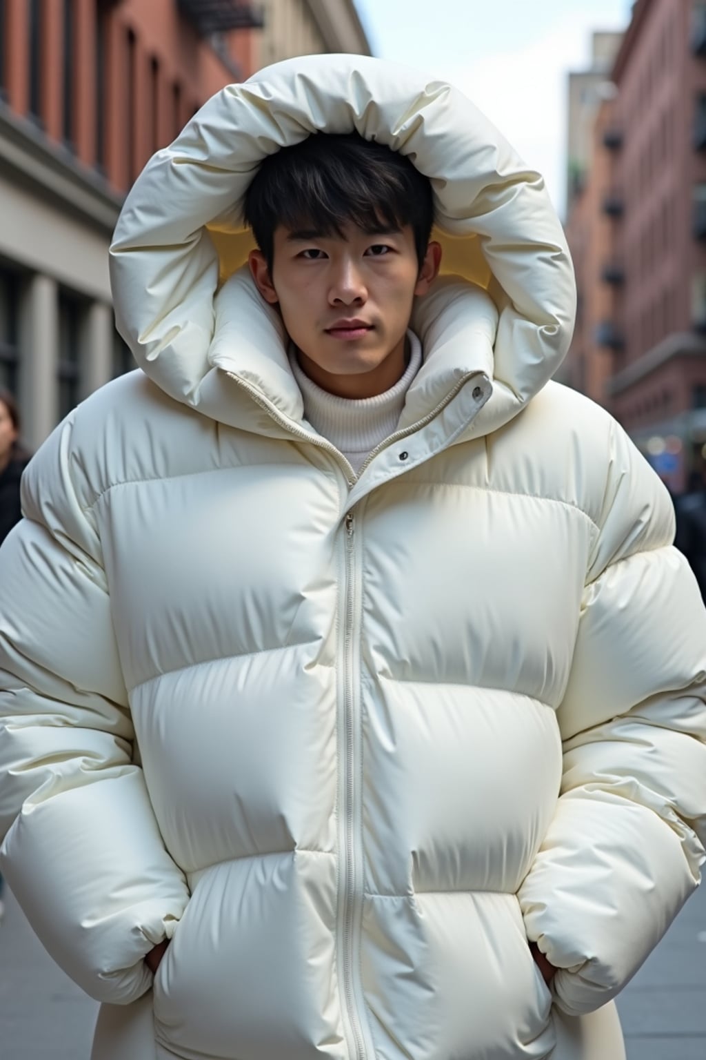 man in a super big round white puffer closed coat with an exaggerated, voluminous design with oversized hood and thick, many quilted sections that contribute to its inflated appearance. the coat is closed and inflated. outside in New York City street.