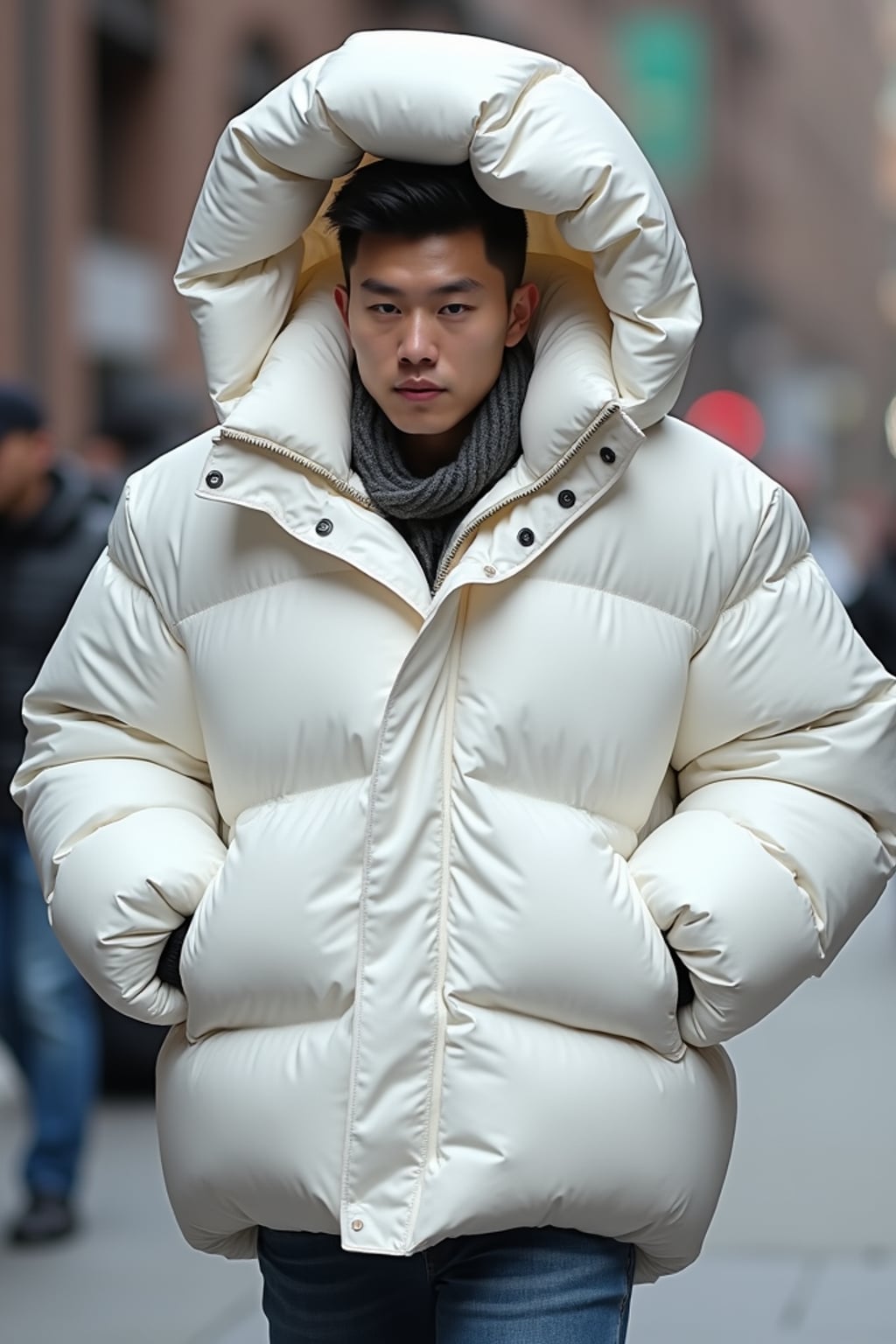man in a super big round white puffer closed coat with an exaggerated, voluminous design with oversized hood and thick, many quilted sections that contribute to its inflated appearance. the coat is closed and inflated. outside in New York City street.