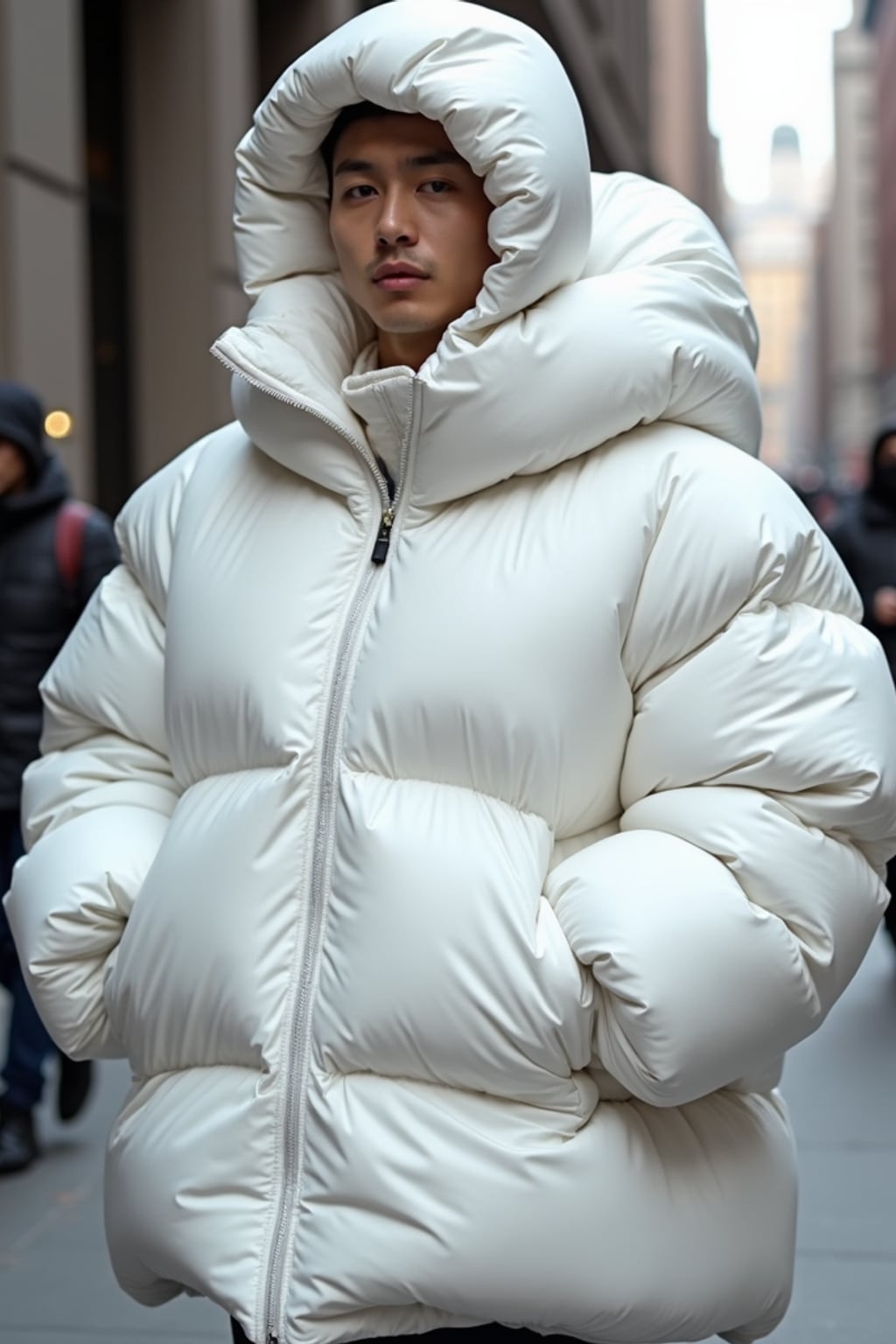 man in a super big round white puffer closed coat with an exaggerated, voluminous design with oversized hood and thick, many quilted sections that contribute to its inflated appearance. the coat is closed and inflated. outside in New York City street.