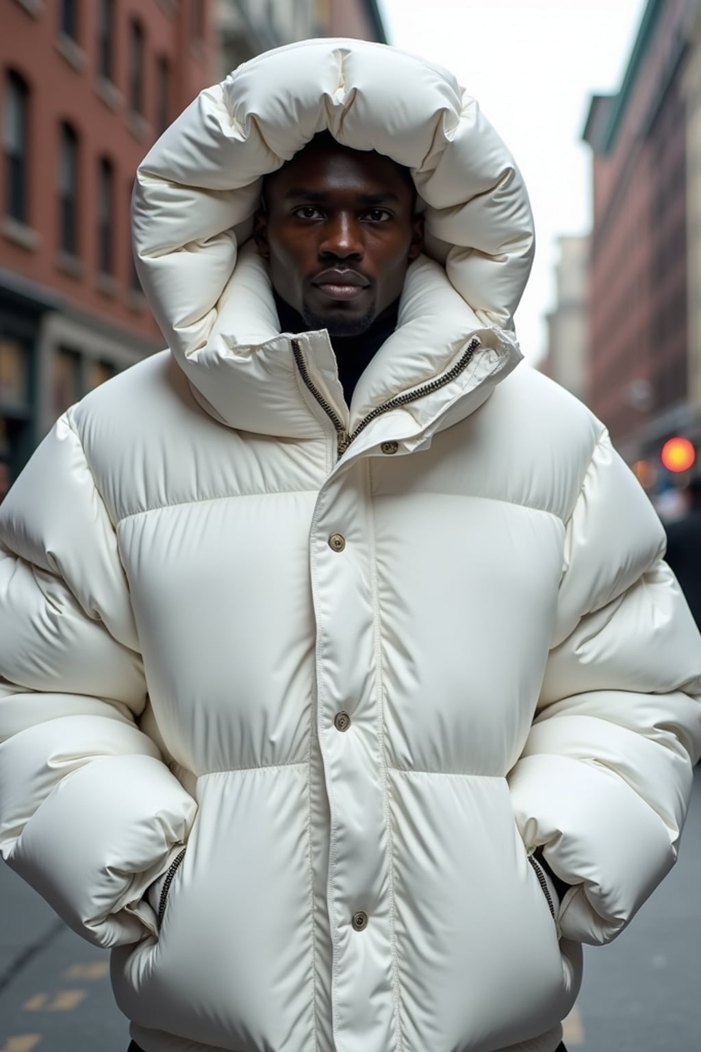 man in a super big round white puffer closed coat with an exaggerated, voluminous design with oversized hood and thick, many quilted sections that contribute to its inflated appearance. the coat is closed and inflated. outside in New York City street.