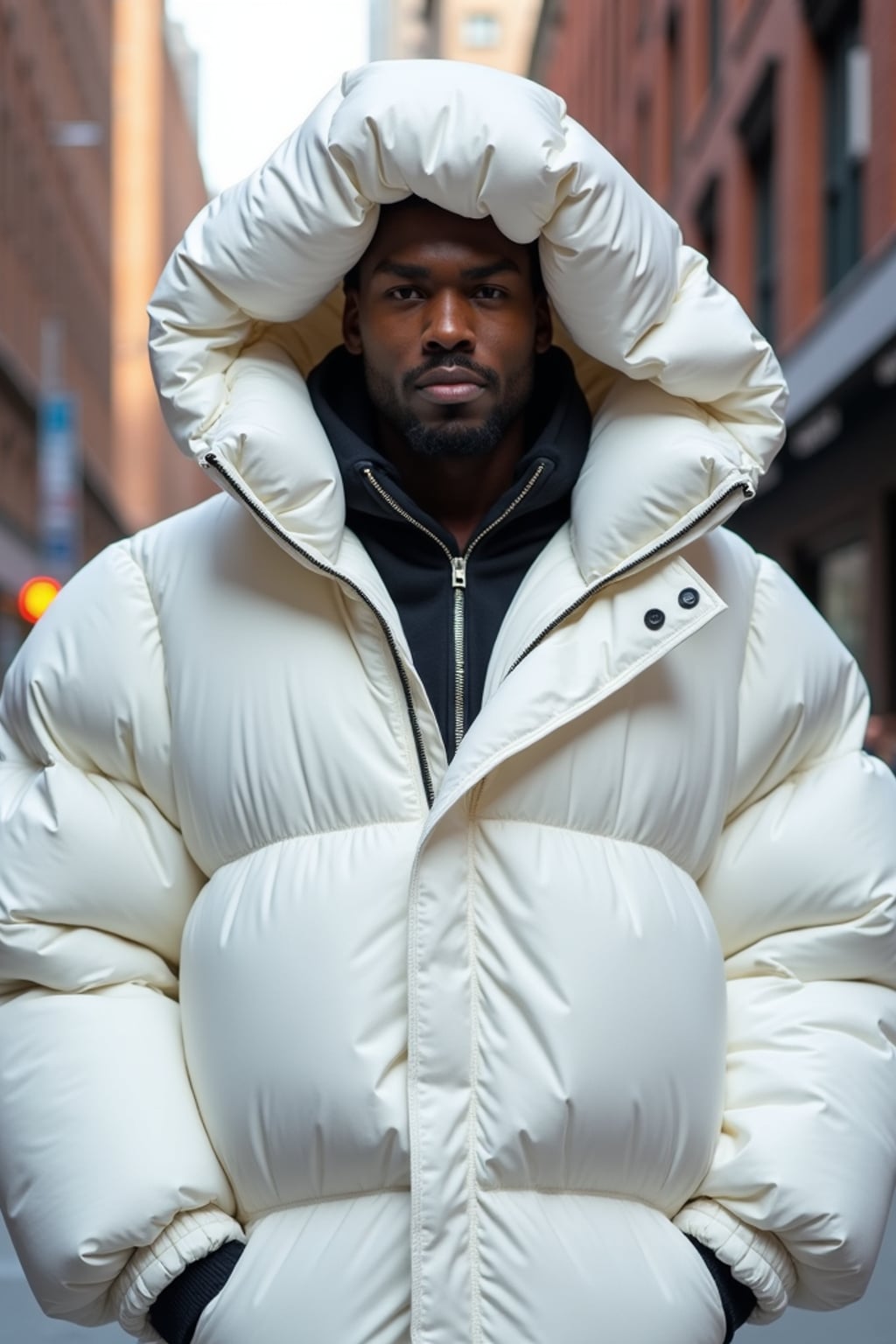 man in a super big round white puffer closed coat with an exaggerated, voluminous design with oversized hood and thick, many quilted sections that contribute to its inflated appearance. the coat is closed and inflated. outside in New York City street.